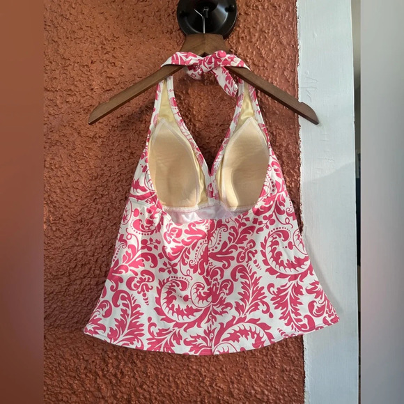 Lands End Swimsuit Top Womens 8 Tankini Pink White Floral Paisley Halter V Neck - Picture 2 of 4